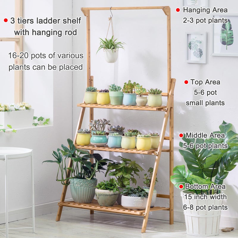 COPREE Bamboo 3-Tier Hanging Plant Stand Planter Shelves Flower Pot Organizer Rack Folding Display Shelving Plants Shelf Unit Holder - Image 2
